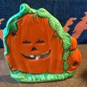 Vintage Halloween K's Collection Smiling Pumpkin Votive Ceramic Candle Holder